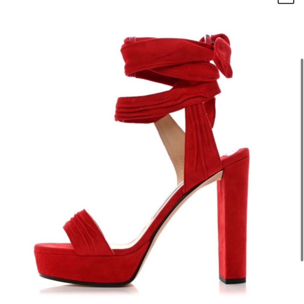 JIMMY‎ CHOO Soft Suede Kaytrin 120 Platform Sandals Red Size 40.5 10.5 Wrap